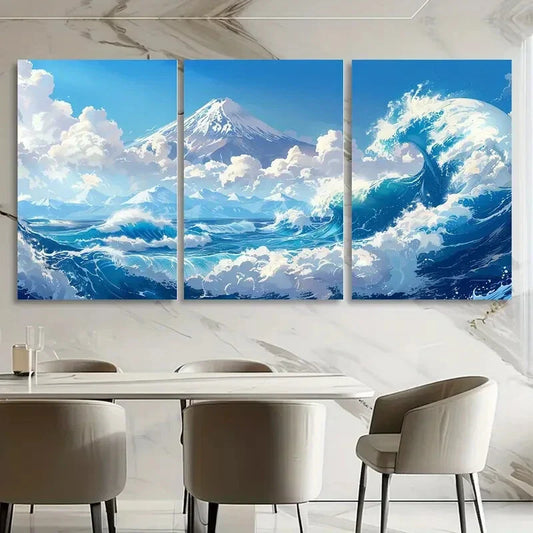 3pcs Sea Waves White Clouds Blue Sky Mountain Metal Print Ready to Hang Art