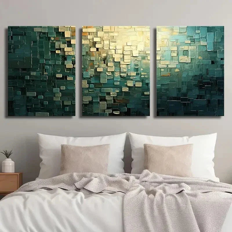 3pcs Abstract Golden & Cyan Decor Wall Art Set Canvas Framed 40x60cm - High Quality Print 100% Australian Made Wall Canvas Ready to Hang