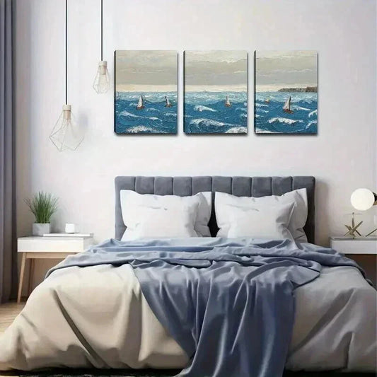 3pcs Seascape Ocean Waves & Sailboats Print Wall Art Set Canvas Framed 40x60cm - High Quality Print 100% Australian Made Wall Canvas Ready to Hang
