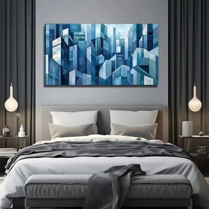 Abstract Cityscape Blue Wall Art Canvas Office Home Room Framed 120x60cm