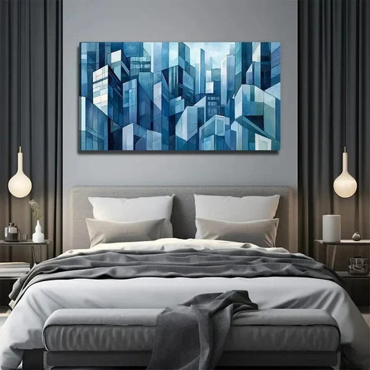 Abstract Cityscape Blue Wall Art Canvas Office Home Room Framed 120x60cm