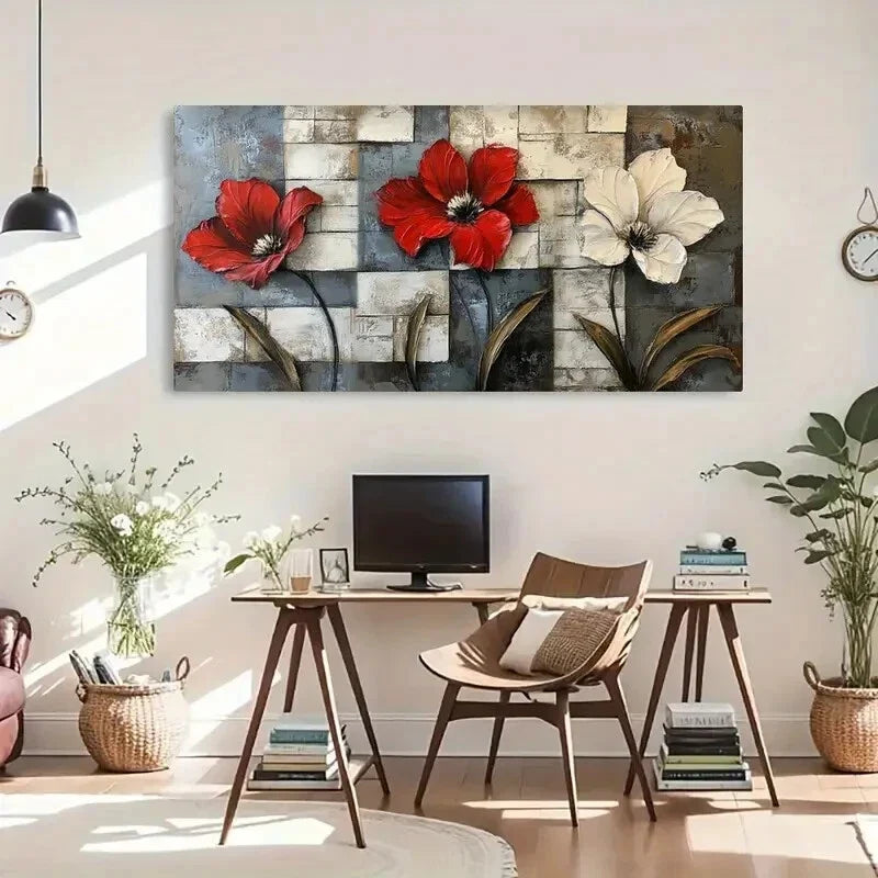 White Flowers Modern Floral Wall Art Canvas Office Home Room Framed 80x45cm
