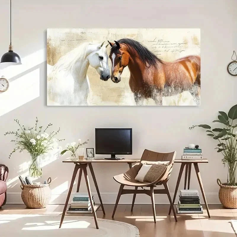 Brown & White Horse Rustic Wall Art Canvas Office Home Room Framed 120x60cm