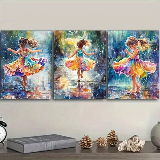 3pcs Youngsters Dancing in the Rain Metal Print Ready to Hang Art
