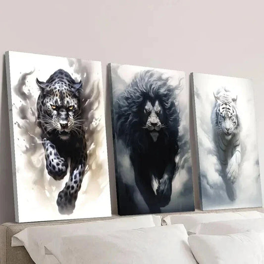 3pcs Black Cheetah Lion & White Tiger Wall Art Set Canvas Framed 40x60cm - High Quality Print 100% Australian Made Wall Canvas Ready to Hang