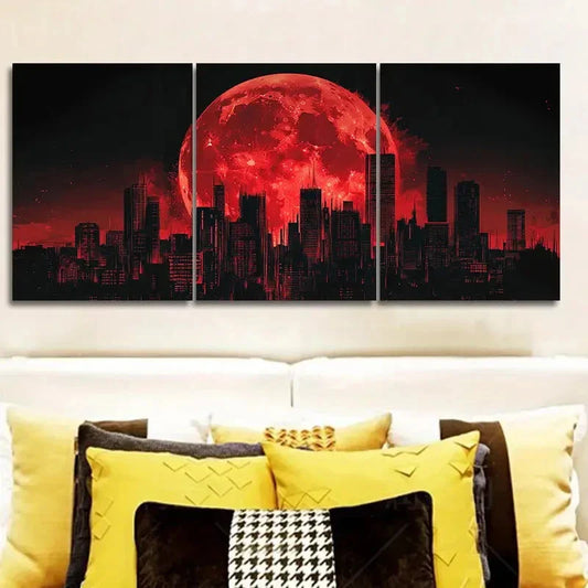 3pcs Big Red Moon Over Cityscape Wall Art Set Canvas Framed 40x60cm - High Quality Print 100% Australian Made Wall Canvas Ready to Hang