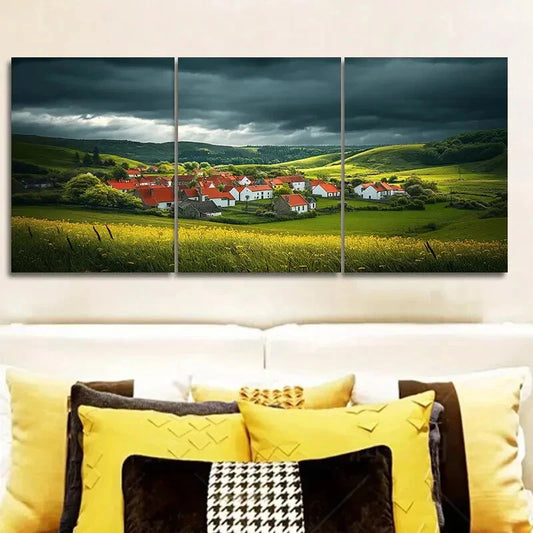 3pcs A little village with red roofs Metal Print Ready to Hang Art