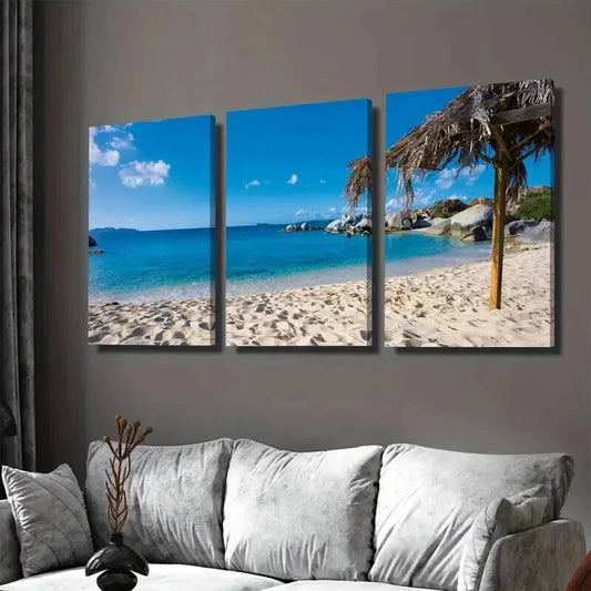 3pcs Beach Paradise Triptych Palm Trees Wall Art Set Canvas Framed 40x60cm - High Quality Print 100% Australian Made Wall Canvas Ready to Hang