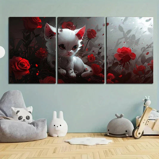 3pcs Cute Cats Red Roses Leaves Metal Print Ready to Hang Art