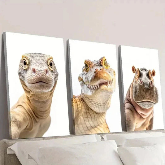 3pcs Giant Lizard Crocodile and Hippo Heads Wall Art Set Canvas Framed 40x60cm - High Quality Print 100% Australian Made Wall Canvas Ready to Hang