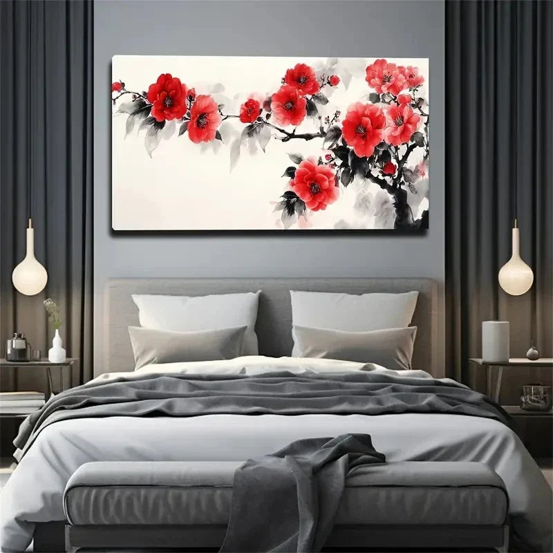 Branches & Leaves Red Camellia Wall Art Canvas Office Home Room Framed 120x60cm