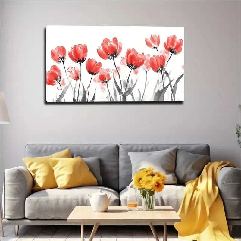 Abstract Red Tulips Modern Wall Art Canvas Office Home Room Framed 80x45cm