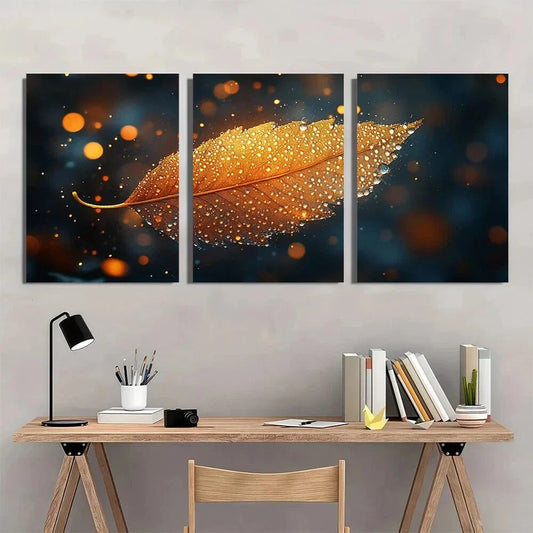 3pcs Vibrant Golden Leaf Modern Boho Metal Print Ready to Hang Art