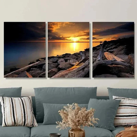3pcs Sunset Beach Serene Ocean & Rocky Shoreline Wall Art Set Canvas Framed 40x60cm - High Quality Print 100% Australian Made Wall Canvas Ready to Hang