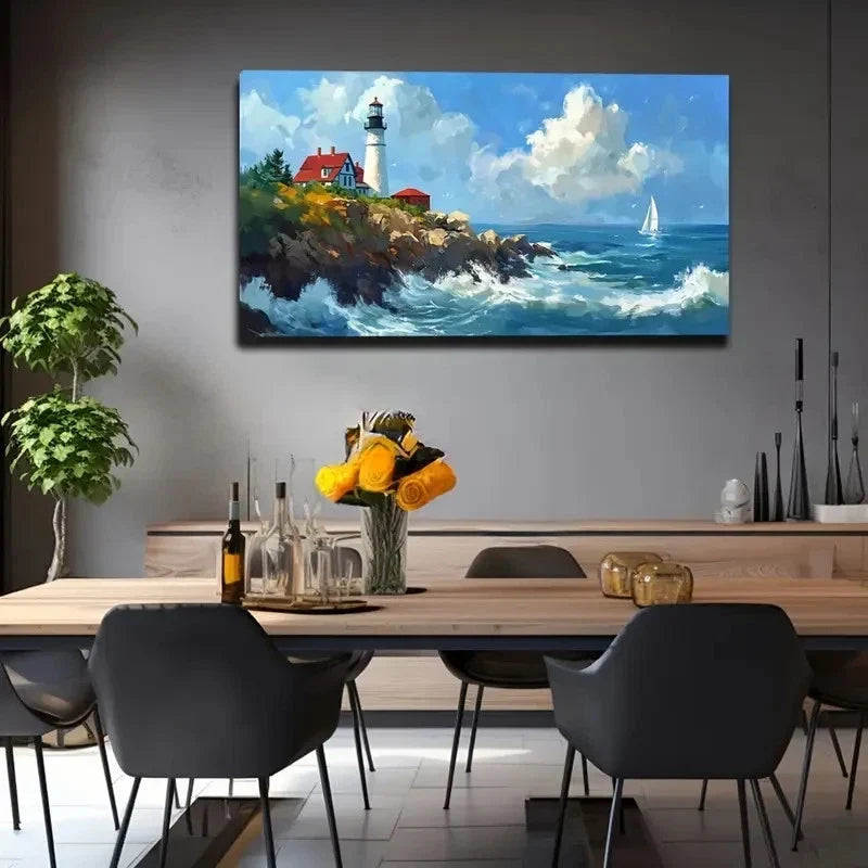 Coastal Lighthouse Scene Wall Art canvas office home room framed 120x60cm