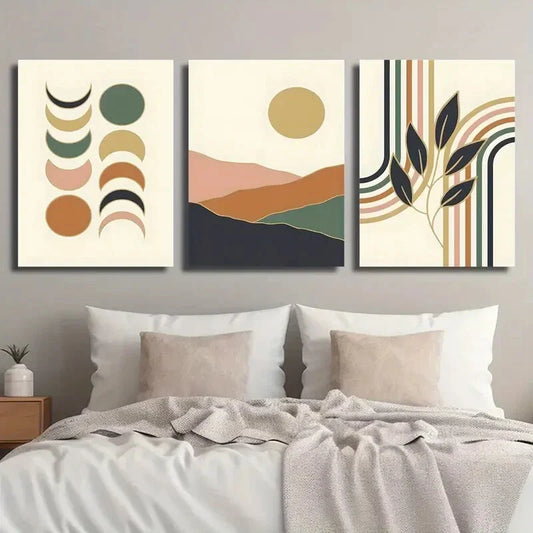 3pcs Sun Moon Mountain and Rainbow Leaves Metal Print Ready to Hang Art