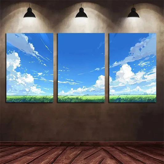 3pcs Blue Sky Green Grass Clouds Metal Print Ready to Hang Art