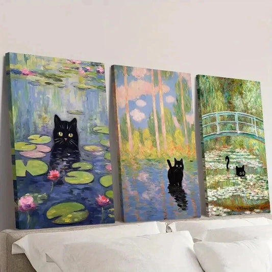 3pcs Depicting Water Lilies And a Black Cat Wall Art Set Canvas Framed 40x60cm - High Quality Print 100% Australian Made Wall Canvas Ready to Hang