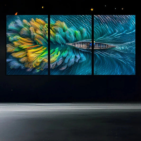 3pcs Leaves and Boats Colourful Ocean Metal Print Ready to Hang Art