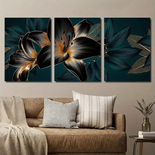 3pcs Abstract Botanical Flower Pattern Black Metal Print Ready to Hang Art