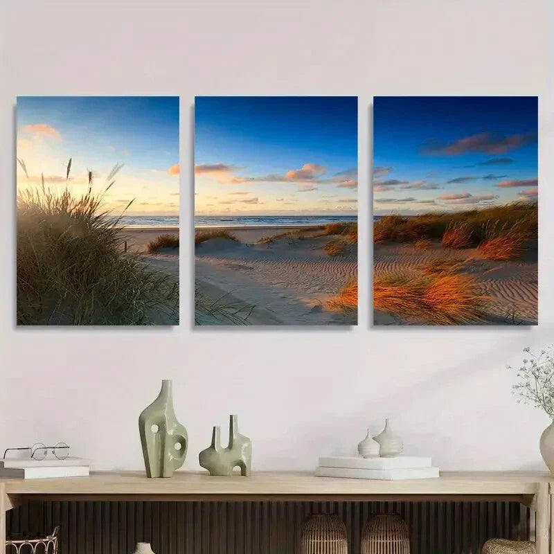 3pcs Sunset Beach Grass Coastal Landscape Metal Print Ready to Hang Art