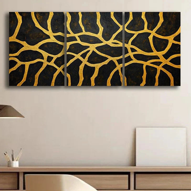3pcs Abstract Black & Golden Lines Metal Print Ready to Hang Art