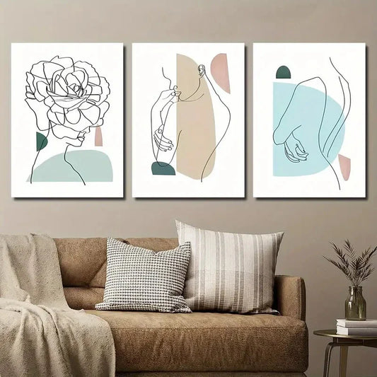 3pcs Geometric & Abstract Shapes Green Leaves Metal Print Ready to Hang Art