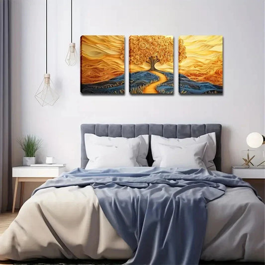 3pcs Golden Tree & Sunset Landscape Wall Art Set Canvas Framed 40x60cm - High Quality Print 100% Australian Made Wall Canvas Ready to Hang
