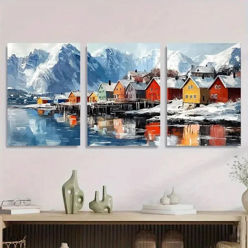 3pcs Colorful Nordic Village Winter Landscape Metal Print Ready to Hang Art