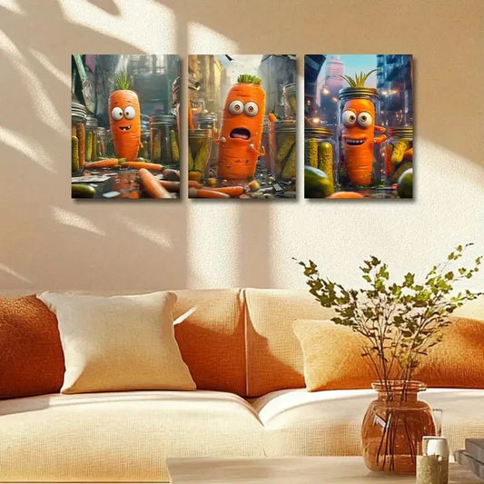 3pcs Whimsical Carrot & Pickle Cityscape Metal Print Ready to Hang Art
