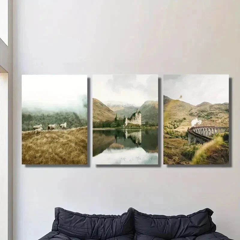 3pcs Scottish Highlands Rural Landscape Wall Art Set Canvas Framed 40x60cm - High Quality Print 100% Australian Made Wall Canvas Ready to Hang