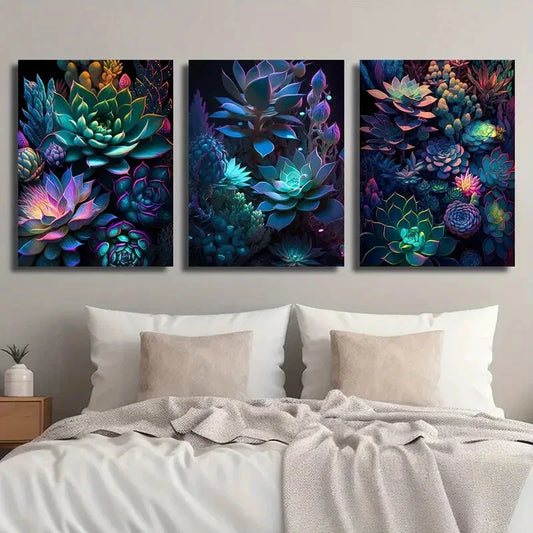 3pcs Dark Succulents Botanical Vibrant Neon Metal Print Ready to Hang Art