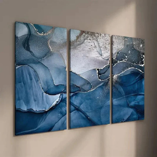 3pcs Abstract Blue and Golden Marble Texture Wall Art Set Canvas Framed 40x60cm - High Quality Print 100% Australian Made Wall Canvas Ready to Hang