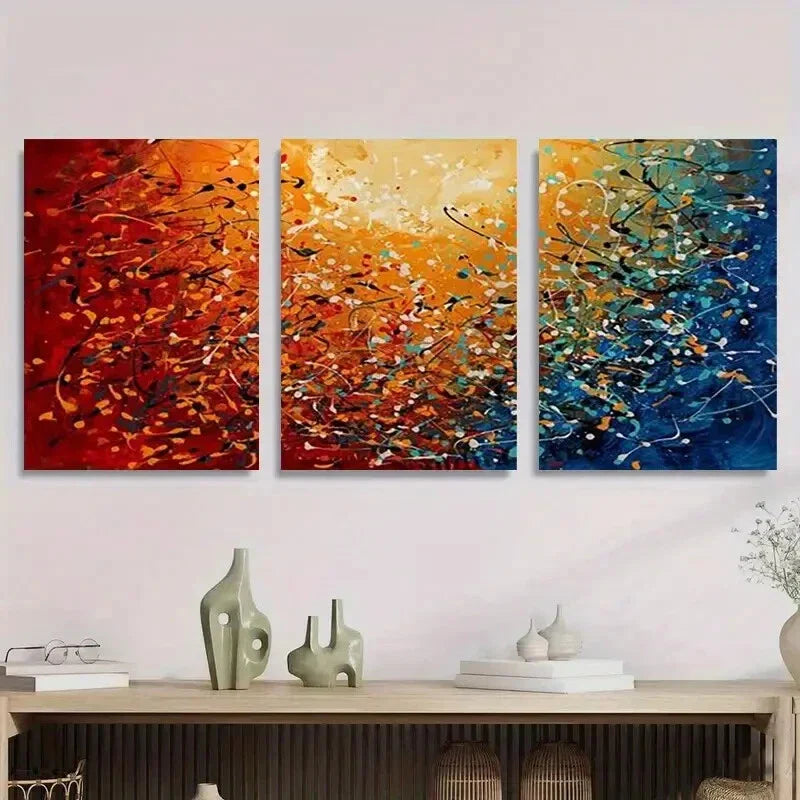 3pcs Abstract Orange & Teal Paint Splatter Metal Print Ready to Hang Art