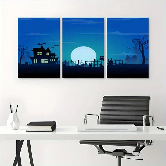 3pcs Blue Halloween Night Moonlight Metal Print Ready to Hang Art