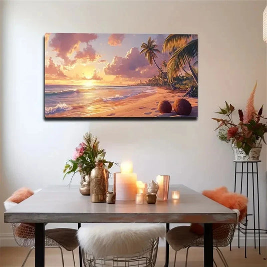 Tropical Sunset Beach Scene Wall Art canvas office home room framed 120x60cm