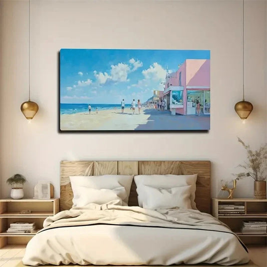 Vibrant Beach Scene Modern Wall Art Canvas Office Home Room Framed 80x45cm