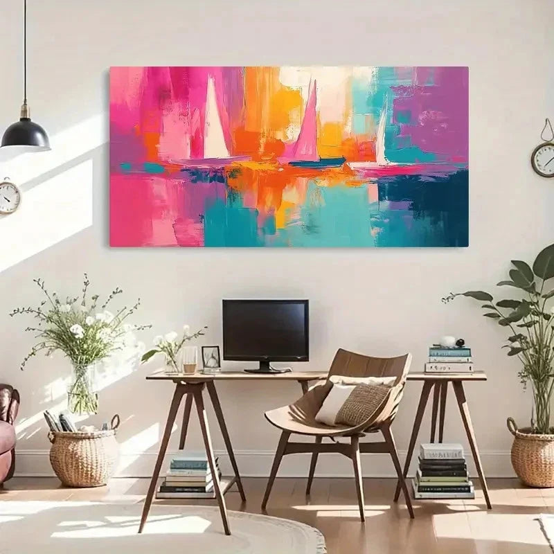 Abstract Sailing Boats Vibrant Wall Art Canvas Office Home Room Framed 120x60cm