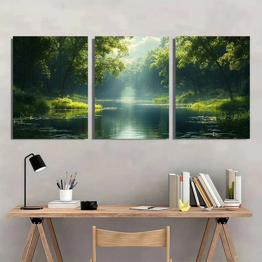 3pcs Riverside Scene with Lush Greenery Metal Print Ready to Hang Art
