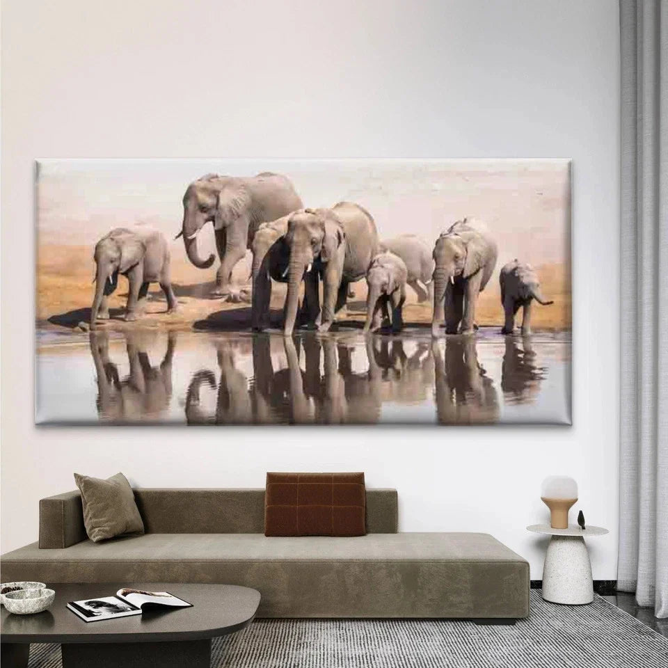 Elephant Herd Drinking Water Wall Art Canvas Office Home Room Framed 80x45cm