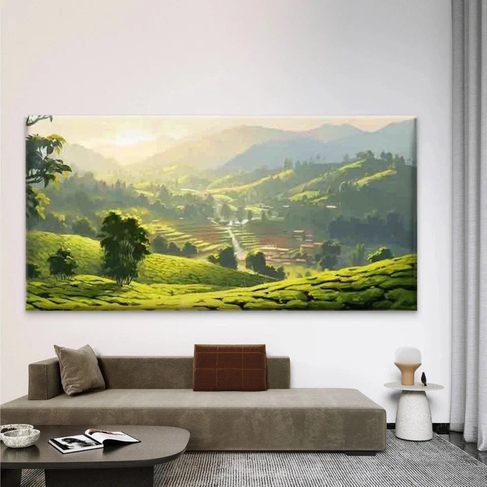 Green Hill & Mountain Valley Wall Art Canvas Office Home Room Framed 80x45cm