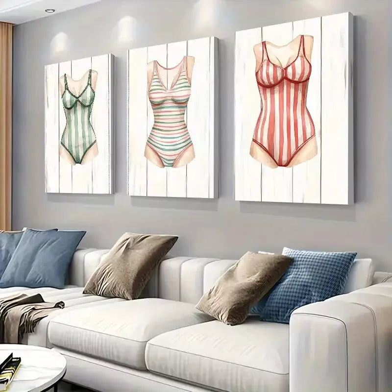 3pcs Vintage - style Swimsuit Triptych Wall Art Set Canvas Framed 40x60cm - High Quality Print 100% Australian Made Wall Canvas Ready to Hang