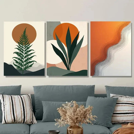 3pcs Modern Abstract Botanical Orange Metal Print Ready to Hang Art
