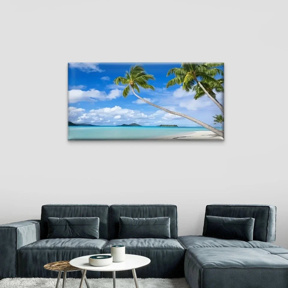 Palm Trees Blue Skies Beach Wall Art Canvas Office Home Room Framed 80x45cm