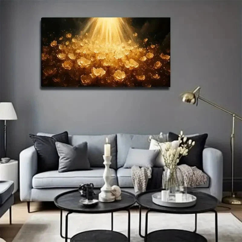 Golden Flowers Perfect Wall Art Canvas Office Home Room Framed 80x45cm