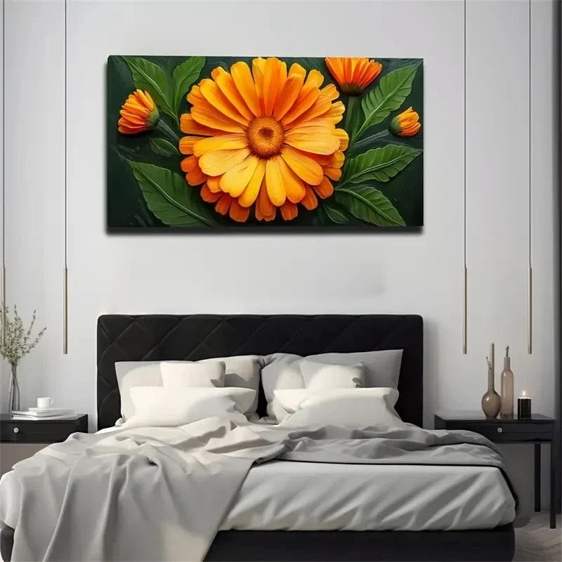 Yellow Flowers Green Leaves Wall Art Canvas Office Home Room Framed 80x45cm