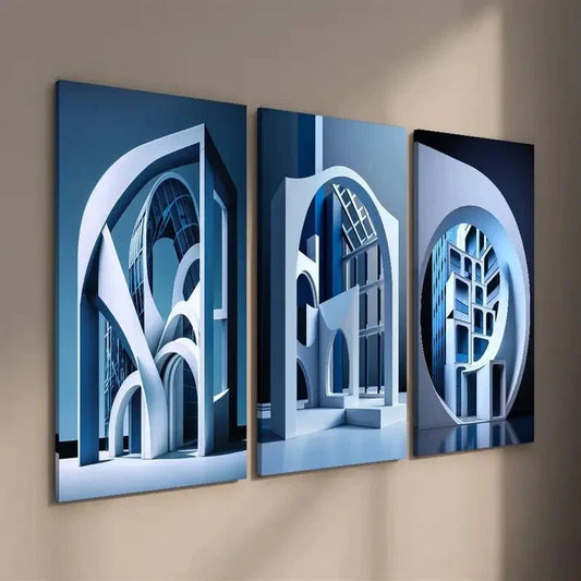 3pcs Modern Abstract Blue Geometric Cityscape Wall Art Set Canvas Framed 40x60cm - High Quality Print 100% Australian Made Wall Canvas Ready to Hang