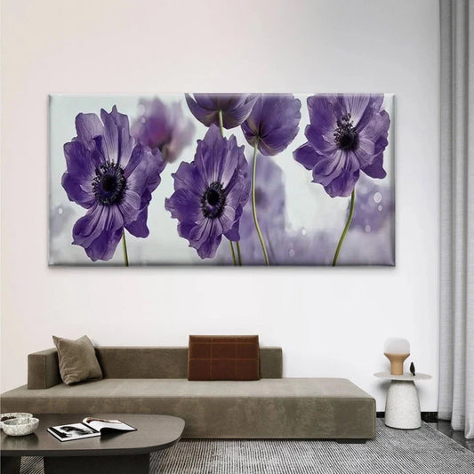 Minimalist Purple Floral Wall Art Canvas Office Home Room Framed 80x45cm