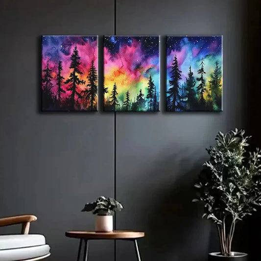 3pcs Colorful Night Sky Forest Painting Perfect Wall Art Set Canvas Framed 40x60cm - High Quality Print 100% Australian Made Wall Canvas Ready to Hang