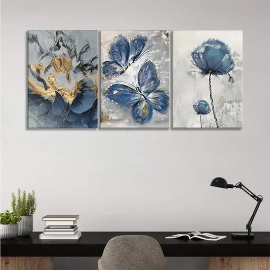 3pcs Blue Floral and Butterfly Metal Print Ready to Hang Art